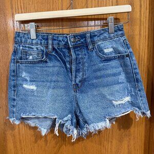 Hidden high-rise mom shorts medium wash, distressed, frayed hem, sz XS